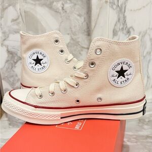 Converse Cream High Tops with Red Stripe